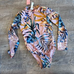 Little girls Hawaiian print pink bikini wetsuit